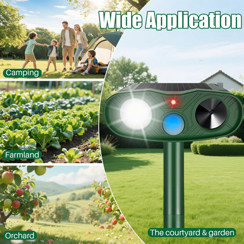 Fortress Pro Deer Repellent With Solar Ultrasonic Motion Activated Alarm And LED Light on stake for garden, yard and camping use