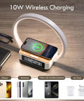 Bedside Lamp With Alarm Clock And Wireless Charger, Sunrise Wake Up Light, 3 Level Dimming on wood desk charging phone