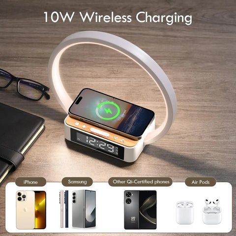 Bedside Lamp With Alarm Clock And Wireless Charger, Sunrise Wake Up Light, 3 Level Dimming on wood desk charging phone
