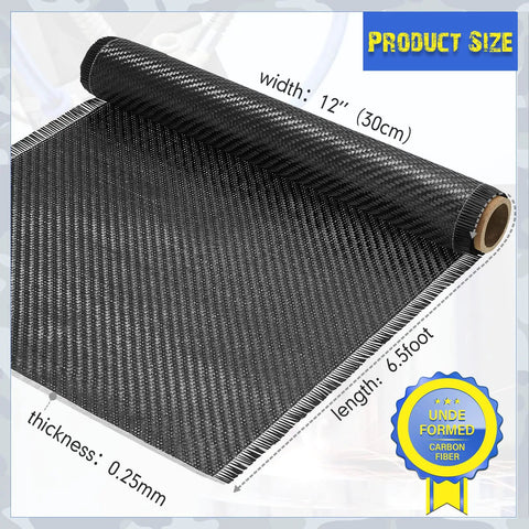 Carbon Fiber Fabric Roll 6.5ft Long By 12In Wide 3K 220G 2X2 Twill Weave Sheet 0.25mm Thick For Cars And Heavy Duty Structural Reinforcement On Concrete Walls Basements And Boats One Roll Ready To Use, showing dimensions