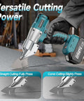 Cordless Sheet Metal Cutter With Dual 4Ah Batteries Brushless Electric Metal Cutting Scissors Tool in use on metal sheet.