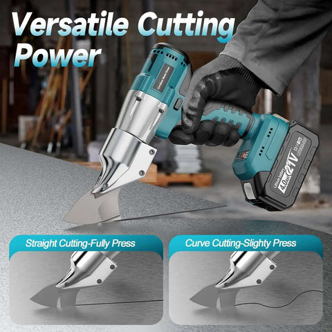 Cordless Sheet Metal Cutter With Dual 4Ah Batteries Brushless Electric Metal Cutting Scissors Tool in use on metal sheet.