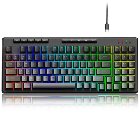 94 Key Wired RGB Gaming Keyboard Delivering Crisp Mechanical Feel And Snappy Anti Ghosting Action Alongside Four Custom Macro Keys And Large Numpad For A Truly Squad Approved Desk Setup, showing vibrant lighting and compact layout.