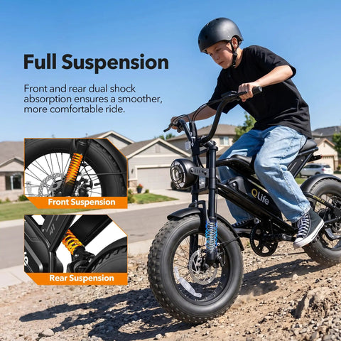 Spark D1 Fat Tire Electric Bike For Teens And Adults, 1500W Peak Motor, 48V 10.4Ah Battery, 16 Inch eBike With 20 Plus MPH Top Speed, Easy City Cruising And Trail Riding, Black, with rider on rocky trail