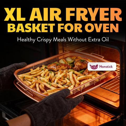 Two Piece Aluminum Baking Sheet With Air Fry Rack And Copper Nonstick Coating for oven use with fries and chicken in oven
