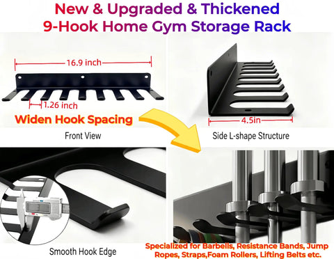 Upgraded Nine Hook Wall Mount Gym Storage Rack - Front and side view showing 16.9 inch width and smooth hook edge for home gyms.