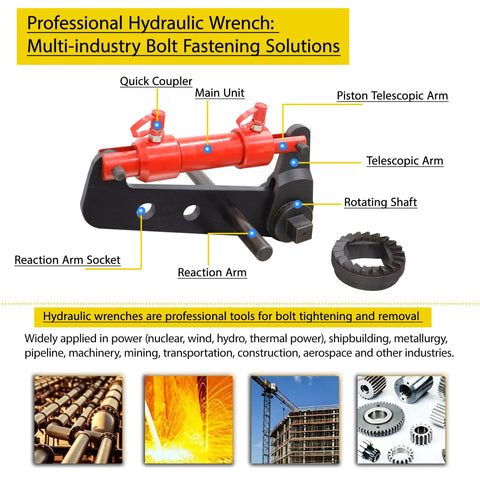 Heavy Duty Manual Hydraulic Torque Wrench With Embedded Pressure Gauge for secure bolt fastening, featuring quick coupler and reaction arm.