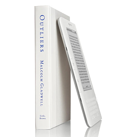 Sleek White Second Gen Ereader Features A Sharp Six Inch Screen And Free 3G Wireless To Pull Down Books Anywhere, placed beside a white book.