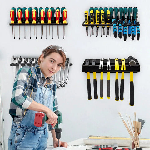 4-Piece Wall Mount Tool Organizer Set With Screwdriver Organizer, Wrench Holder, Pliers Holder, Hammer Rack in workshop