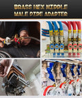 Four images showcasing Two Piece Brass Pipe Fitting Three Quarter Inch NPT Hex Nipple Male Pipe Adapter Straight Connector in use.