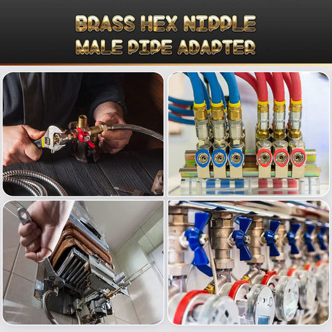 Four images showcasing Two Piece Brass Pipe Fitting Three Quarter Inch NPT Hex Nipple Male Pipe Adapter Straight Connector in use.