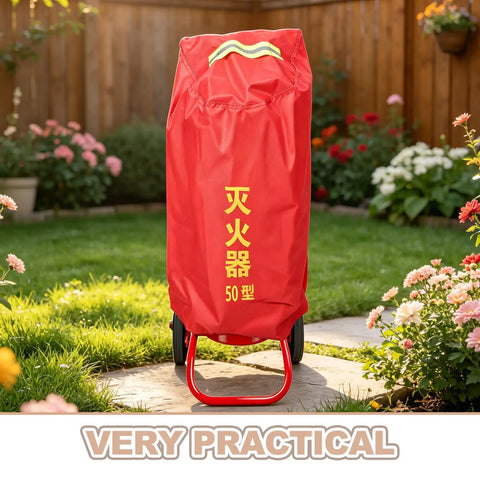 Heavy Duty Fire Extinguisher Cover And Insulated Hydrant Protector Sleeve Kickass Weatherproof Shield on cart in garden