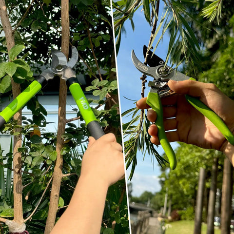 Hands using 15 Inch Loppers Set For Tree Trimming Bypass Pruners With Rust Resistant Steel Blades 1 Inch Cut Diameter in garden