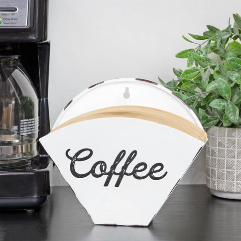 Enamelware Coffee Filter Holder Wall Mount Cone Shaped White Vintage Farmhouse Style Filter Storage Container With Distressed White Finish And Black Lettering For Classic Kitchen Organization