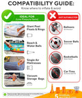 Compatibility guide for Ultra Mini Portable Air Pump For Pool Floats And Air Mattress Wireless Inflator, showing suitable and unsuitable items.