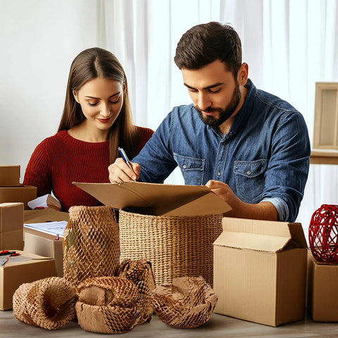 People packaging items with packing paper for moving and shipping, bubble wrap alternative visible, no tape needed.
