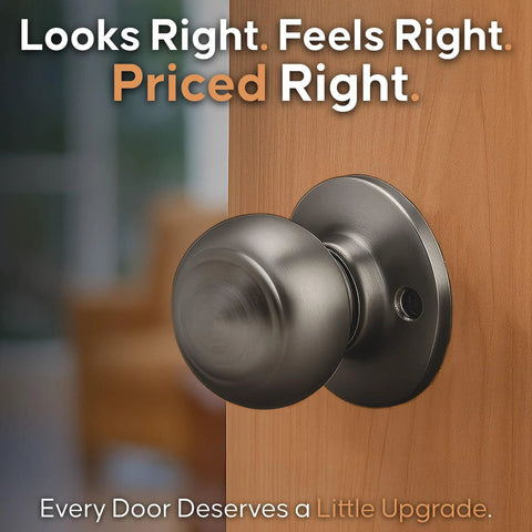 Interior Door Knob Passage Handle For Bedrooms And Bathrooms And Closets, Reversible, in antique nickel finish on wooden door