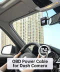 Driver's view showing Dash Cam Power Cable OBD2 to USB C, OBDII Hardwire Kit for Continuous Surveillance with dash cam installed.