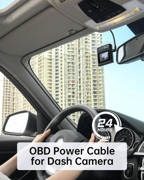 Driver's view showing Dash Cam Power Cable OBD2 to USB C, OBDII Hardwire Kit for Continuous Surveillance with dash cam installed.