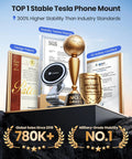 Tesla Phone Mount With Ultra Strong Magnet Power Foldable Hidden Car Holder For MagSafe Car Mount surrounded by awards and certificates.