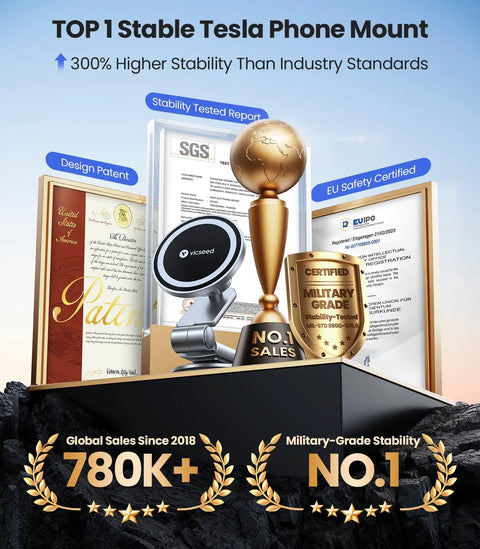 Tesla Phone Mount With Ultra Strong Magnet Power Foldable Hidden Car Holder For MagSafe Car Mount surrounded by awards and certificates.