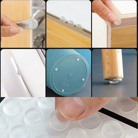 Clear self adhesive cabinet door bumpers in use on various surfaces from 100 pack silicone rubber cushions, 1/2 inch diameter, 3.5mm thick