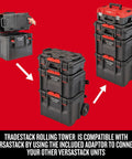 TradeStack Rolling Tower Storage System With 22 Inch Capacity, easy drop and lock stacking, showing three unit sizes and wheels.