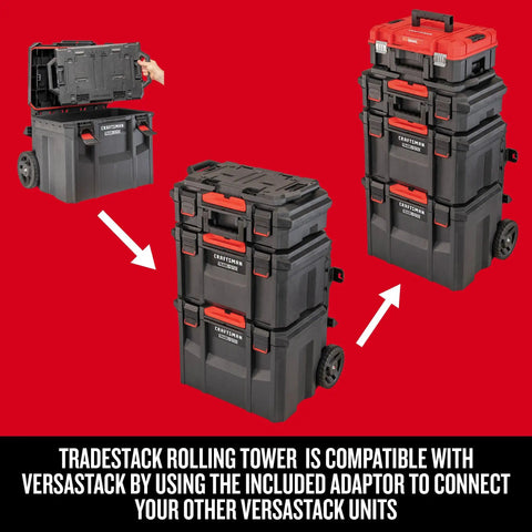 TradeStack Rolling Tower Storage System With 22 Inch Capacity, easy drop and lock stacking, showing three unit sizes and wheels.