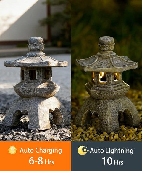 Solar Pagoda Lantern Garden Statue For Indoor Outdoor Use Zen Vibes Asian Decor For Landscape Balcony Patio Porch Yard Polyresin With Stone Finish Yard Art Ornament, showcasing day and night solar lighting.