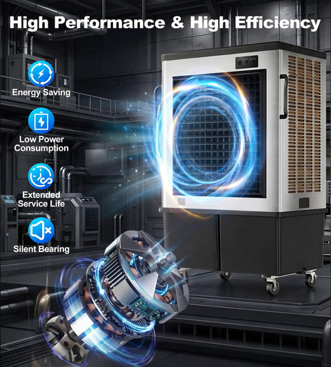 Heavy Duty Large Evaporative Swamp Cooler Pushes A Crisp 20600 CFM Breeze To Chill 3600 Sq Ft With No Sweat Auto Fill And A Beefy 57 Gallon Tank For Smooth Indoors Or Outdoors Cooling with high efficiency motor.