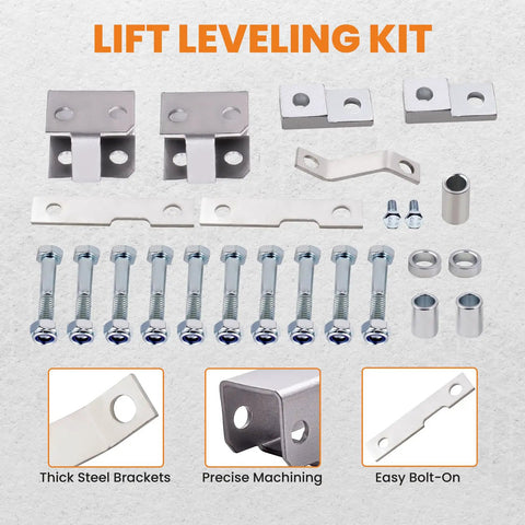 Components of Beefed Up Two Inch Leveling Lift Kit For Honda Rancher 350 400 AT 2000 To 2006 with steel brackets and bolts.