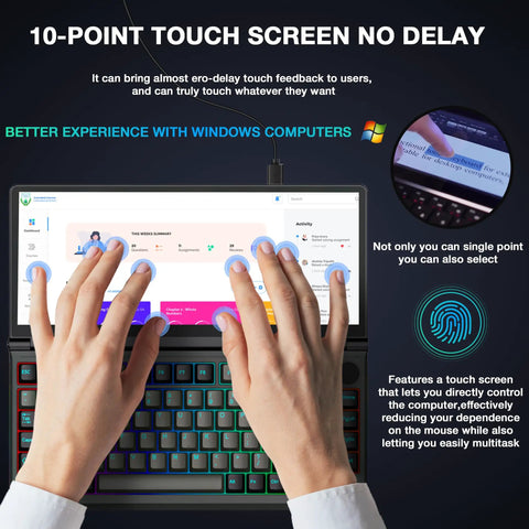 Dope 82 Key Mechanical Keyboard Featuring A Massive 13 Inch Foldable Touchscreen Monitor with hands using the touchscreen.
