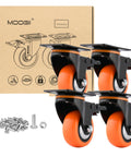 Front view of Moogii 3-inch heavy-duty swivel caster wheels with brakes; 4-pack with orange wheels, black frames, screws included
