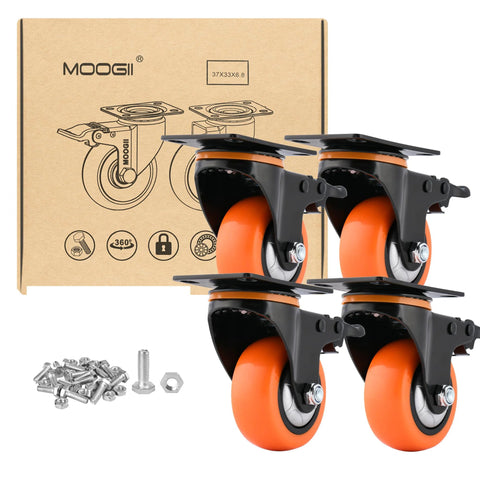 Front view of Moogii 3-inch heavy-duty swivel caster wheels with brakes; 4-pack with orange wheels, black frames, screws included