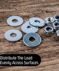 100-pack stainless steel flat washers with nylon-insert lock nuts on a wood surface; 1/4 in ID, 5/8 in OD.