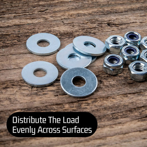 100-pack stainless steel flat washers with nylon-insert lock nuts on a wood surface; 1/4 in ID, 5/8 in OD.