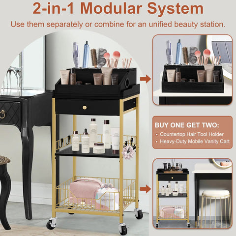 Large Makeup Organizer Cart With Hair Tool Holder Rolling Vanity Cart On Wheels With Drawer 2 In 1 Modular System