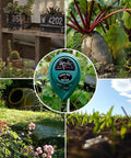 Three In One Soil Tester for Moisture Light and pH with Easy to Read Results and No Batteries Needed showing use in diverse garden settings