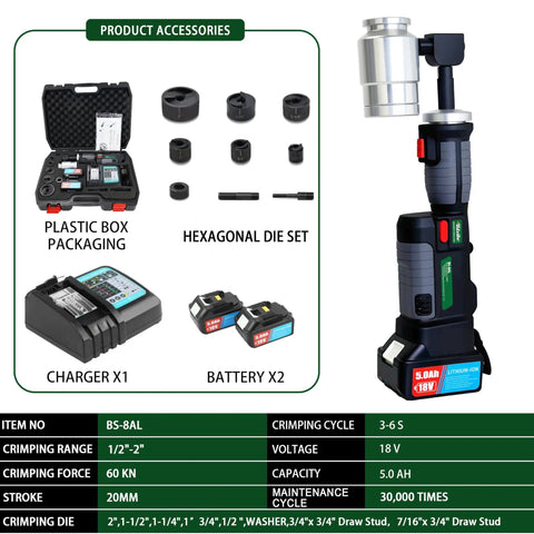 8 Ton Battery Hydraulic Knockout Punch Kit with 360 Degree Rotating Head, 1/2 to 2 Inch Punch Dies, including 18V Battery and Charger