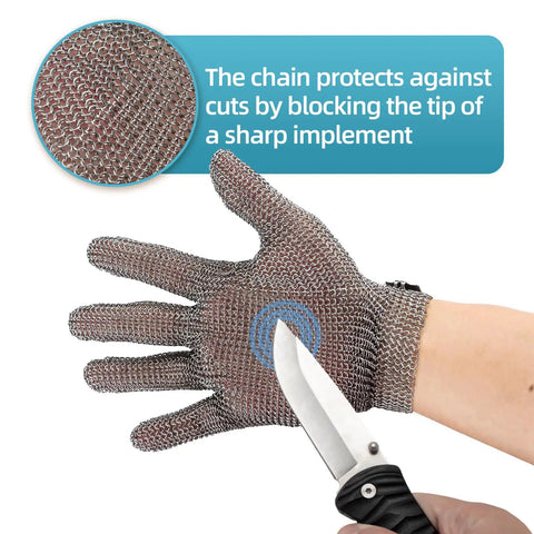 Cut Resistant Tough As Nails Stainless Steel Chainmail Glove For Meat Cutting Oyster Shucking And Fish Slicing Food Grade 316 Stainless Steel Butcher Glove Hygienic Easy To Clean Size Small being tested with knife