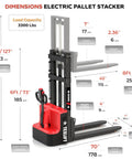 Dimensions of Heavy Duty Electric Pallet Stacker Raising 3300 Lbs To A Cool 98 Inch Lift Height with adjustable forks.