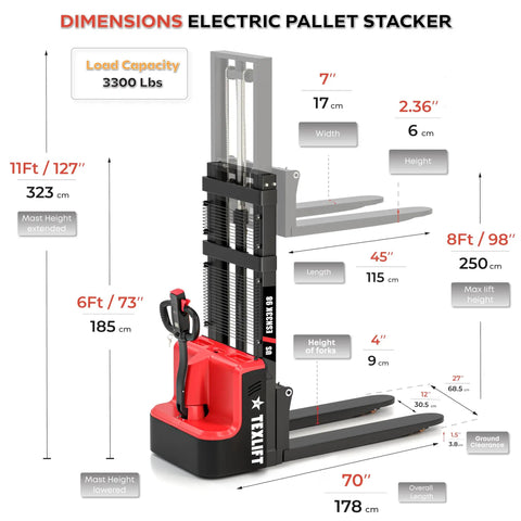 Dimensions of Heavy Duty Electric Pallet Stacker Raising 3300 Lbs To A Cool 98 Inch Lift Height with adjustable forks.