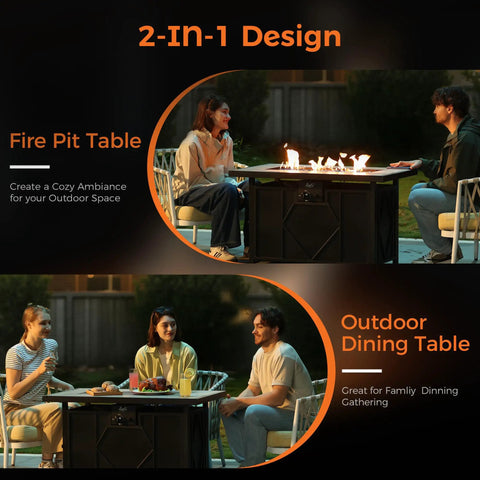 42 Inch Propane Fire Pit Table With Ceramic Top 2 in 1 Fire Table, patio setting at night with two functions highlighted