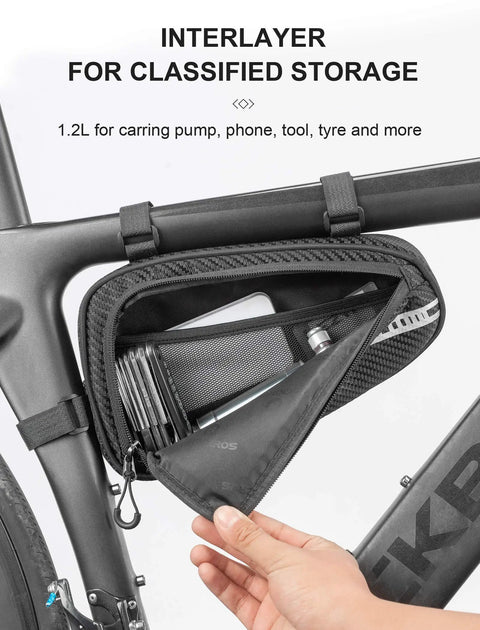 Durable Bike Triangle Bag Frame Pouch For MTB And Road Bikes Ultra Lightweight 0.35lb 1.2L Storage weather resistant shown on bike