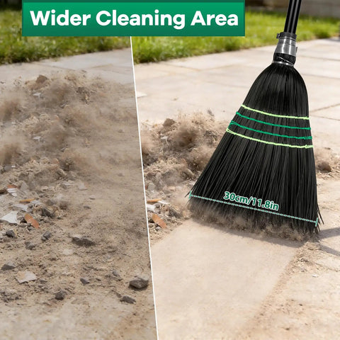 Heavy Duty Outdoor Broom With Stiff Bristles For Beast Mode Cleaning on Driveways Gardens Garages, broom sweeping dirt outdoors