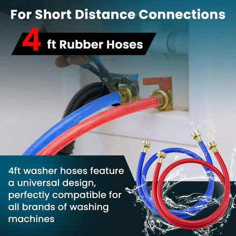 Photo showing 4 Ft Burst-Proof Rubber Washing Machine Hoses For Hot And Cold Water Supply, Flexible 3/4 Inch NPT Washer Hoses.