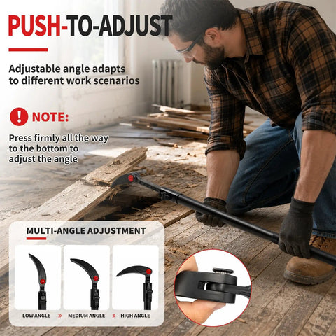 Person using Heavy Duty Telescopic Pry Bar Locking Adjustable Angle 29 To 48 Inch Extendable Crowbar for angle adjustment on wooden floor.