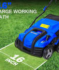16 Inch Dethatcher And Scarifier For Lawn, Electric Walk Behind Tool with 15 Amp Copper Motor shown on grass with 16-inch path