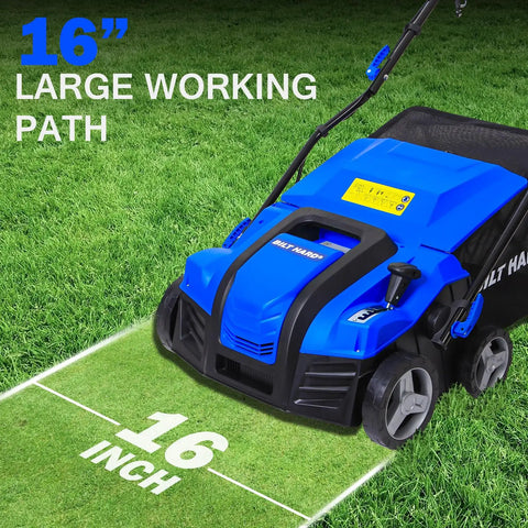 16 Inch Dethatcher And Scarifier For Lawn, Electric Walk Behind Tool with 15 Amp Copper Motor shown on grass with 16-inch path