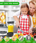 Mother and daughter making smoothies with a blender and 16oz Ninja cup set, showcasing Two Pack 16oz Single Serve Cups With To Go Lids And Six Fin Blade Assembly Replacement Parts For Ninja Blenders Compatible With BL660 BL780 1200W Series And 30 Series Models Built For Quick Smoothies On The Fly.